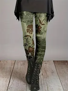 Women's Plants Print Floral Elastic Waist Stretch Spandex Leggings, Casual Comfy Skinny Pants for Daily Wear, Ladies Bottoms for All Seasons