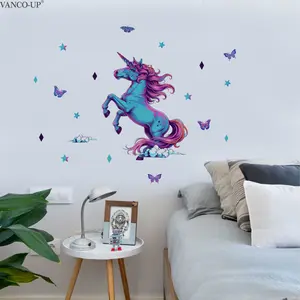 2Pcs/Set Dreamy Unicorn Wall Stickers 30×60cm Blue Purple Gradient Butterfly Star Decor Self-Adhesive Stickers for Living Room Bedroom