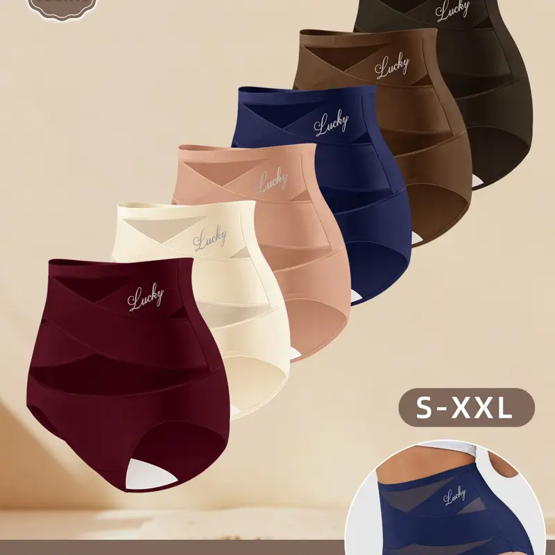 [6-Pack] MEIYATING Women's Seamless High-Waisted Panties Underwear Set, Breathable Mesh, Cross-Hole Design, Printed Triangle Pants, Sizes S-Xxl