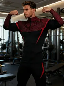 Men's Long Sleeve Half-Zip T-Shirt, Comfortable Breathable Stretch Fit, Ideal for Gym Training, Weightlifting, Outdoor Running, Cycling, Athletic Shirts