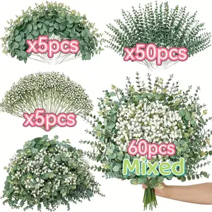 60 Realistic Artificial Eucalyptus and Floral Set, 3 Leaf Types, Various Fake Greens, Perfect for Country DIY Artificial Flower Decor
