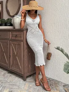 Women's Solid Color V-Neck Crochet Hollow Out Lightweight Breathable Beach Dress, Summer Casual Knit Long Dress, Ice Silk Daily Wear