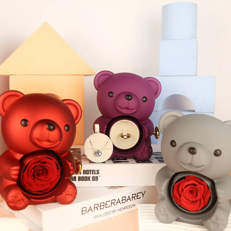 Rotating Rose Teddy Bear with Necklace