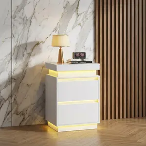 White App-Controlled LED Nightstand, WPC Bedside Table with 2 Drawers & Hidden Pull-out Compartment, Built-in Charging Station, Adjustable Light Color & Brightness, Multi-use Storage End Table for Bedroom Living Room Office
