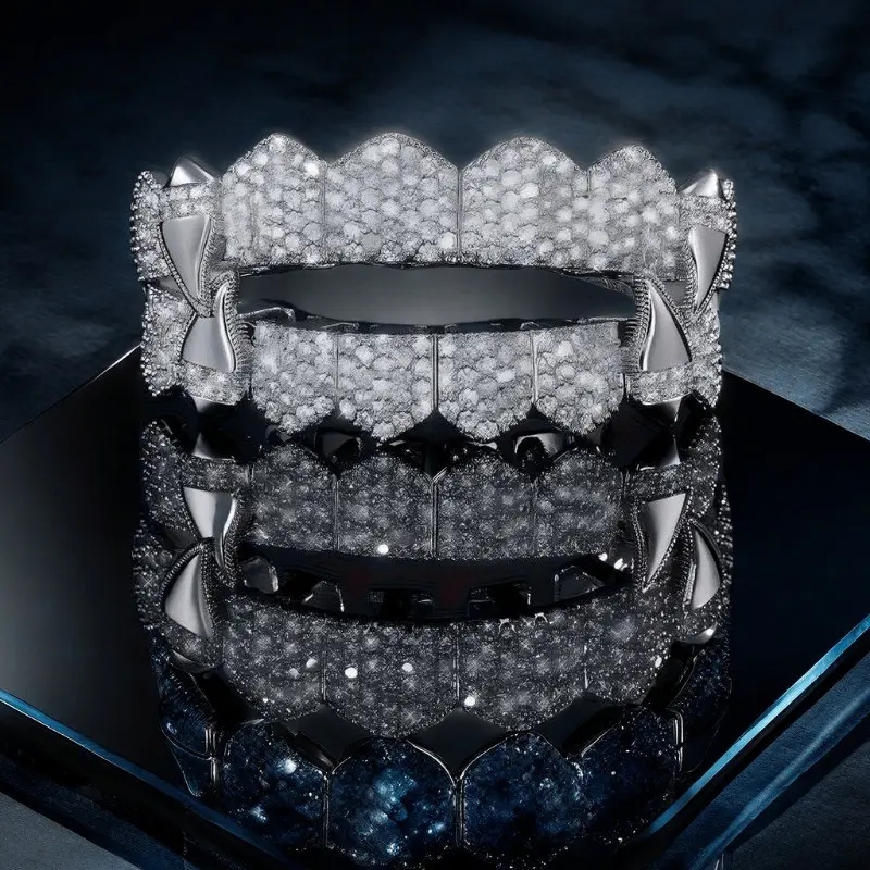 Hip Hop Silvery-Tone Full CZ Iced Out Grillz Set - Upper And Lower Teeth Grills for Street Style
