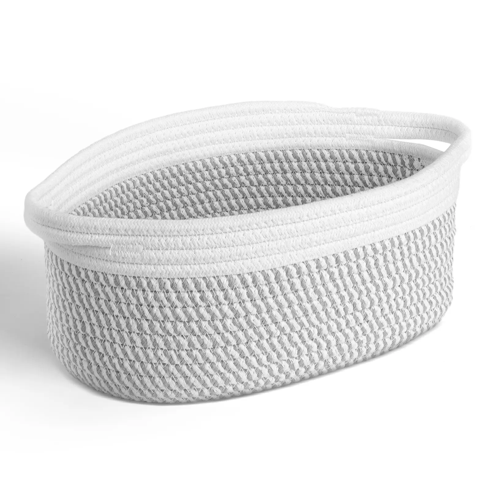 Sowyem Cute Small Woven Basket with Handles, 12"x 8" x 5" Rope Room Shelf Storage Basket Chest Box for Cat and Dog Toys, Empty Decorative Gift - Light Grey