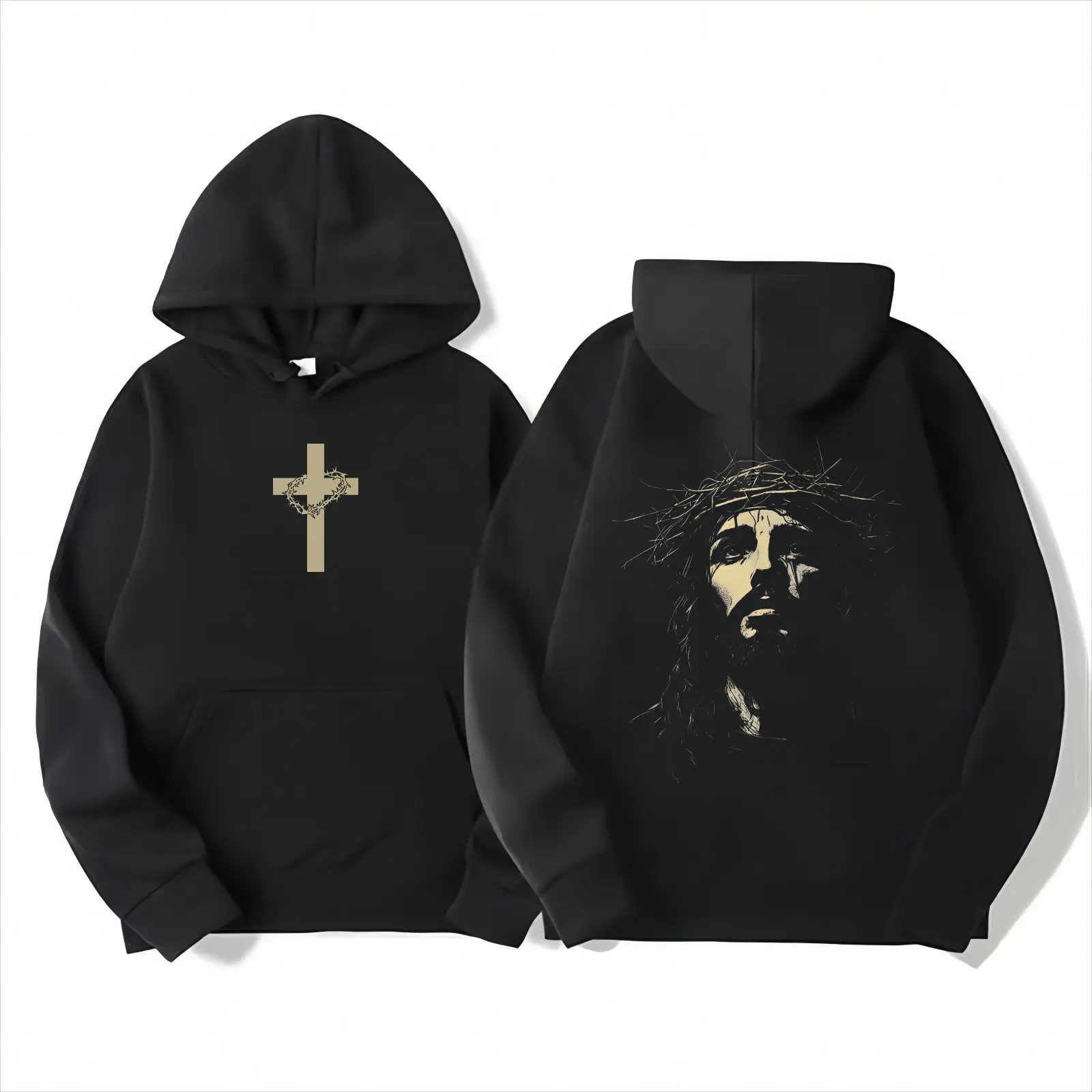 Hoodie Printed Cross on Front and Jesus Wearing Crown of Thorns on Back Hoodie Printed Cross on Front and Jesus Wearing Crown of Thorns on Back