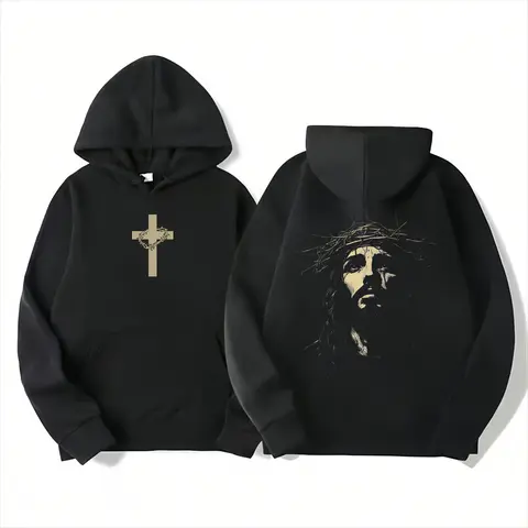 Hoodie Printed Cross on Front and Jesus Wearing Crown of Thorns on Back