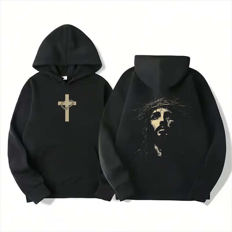 Hoodie Printed Cross on Front and Jesus Wearing Crown of Thorns on Back