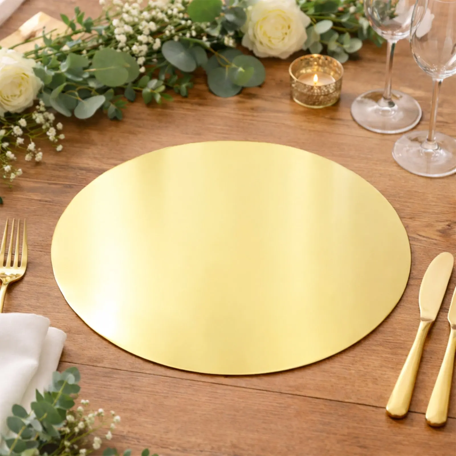 50 Pack Round Disposable Tableware Dining Table Mats - 13" Gold 128 GSM Cardboard Charger Plates for Catering, Special Events, Round Placemats & Coasters