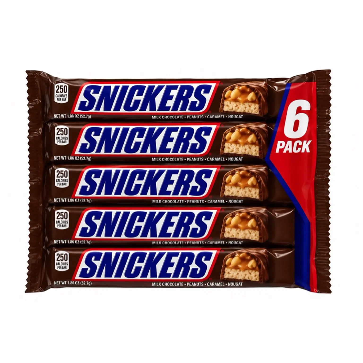 6 Bars - Snickers Milk Chocolate Peanut Caramel Nougat 6-Pack 250 Calories Each Bar