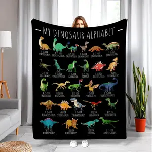 Dino Learning Blanket, Fun Dinosaur ABC Educational Throw Blanket, Lightweight Blanket for Nursery Playroom Decor, Great for Birthday, Baby Shower Preschool‑Themed Gifts