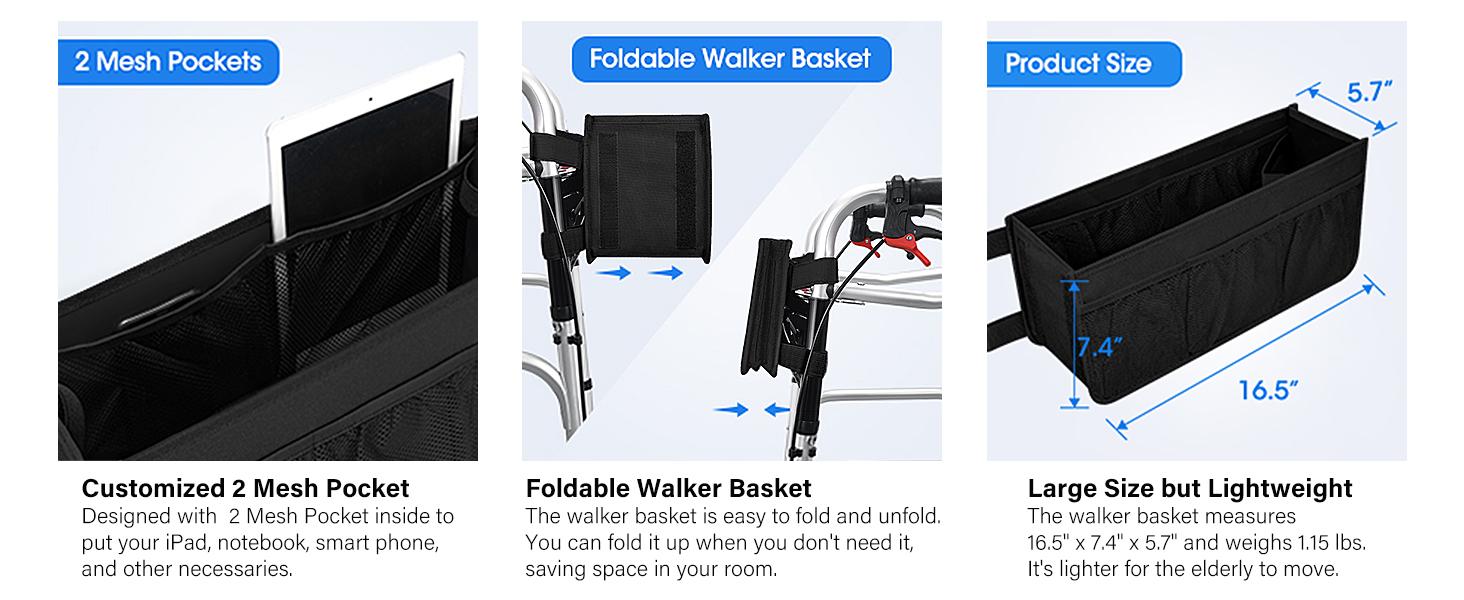 Upgraded Walker Basket with Cup Holder, Foldable Walker Bag with Large Capacity & Never Tipping Over - Not Fit for Rollator