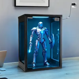 Wall Mounted Display Case Shadow Box with RGB Lights LED,Display Cabinet with Doors for Collectibles,-Sided Viewing Panels 9.8" D x 10.6" W x 15.4" H