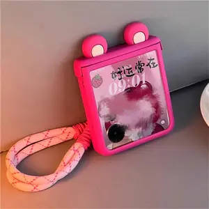 Korean Cute RosePink Bear Ear Hand Strap Phone Case For Samsung Galaxy Z Flip 7/6/5/4/3 For Motorola Razr 50 40 Ultra Razr 60