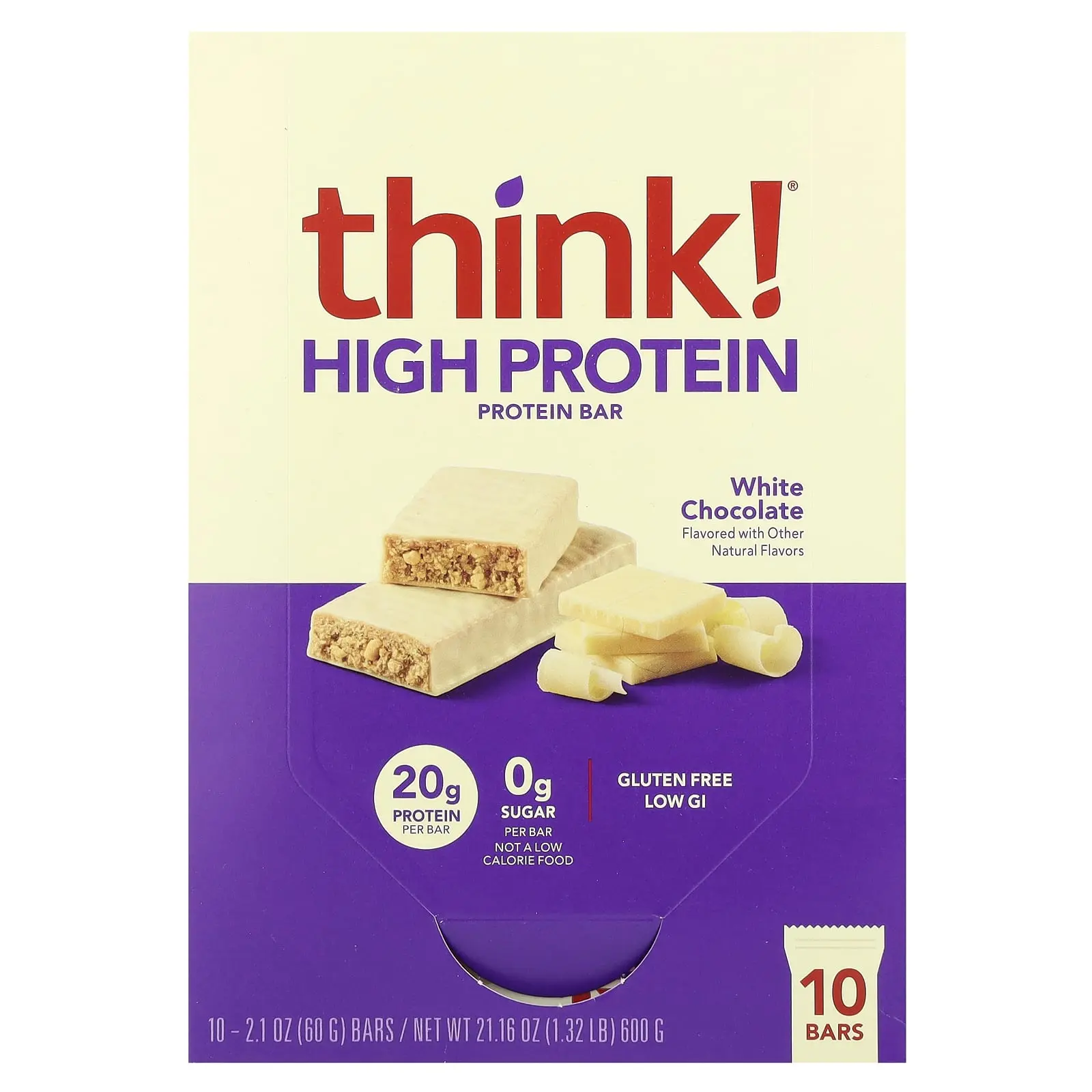 Think ! High Protein Bars, White Chocolate, 10 Bars, 2.1 oz (60 g) Each Think ! High Protein Bars, White Chocolate, 10 Bars, 2.1 oz (60 g) Each