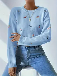 Elegant Floral Embroidered Fleece Pullover Sweater, Long Sleeve Aesthetic Knit Top for Spring & Fall, Casual Fitted Style for Women, Knitwear Womenswear