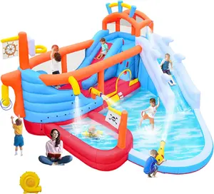 9-in-1 Inflatable Water Park for Kids, Dual Slides Climbing Wall Anchor Ring Toss Basketball Hoop Dual Water Guns Shallow & Bathing Pools, Bounce House Combo with Splash Pool for Backyard