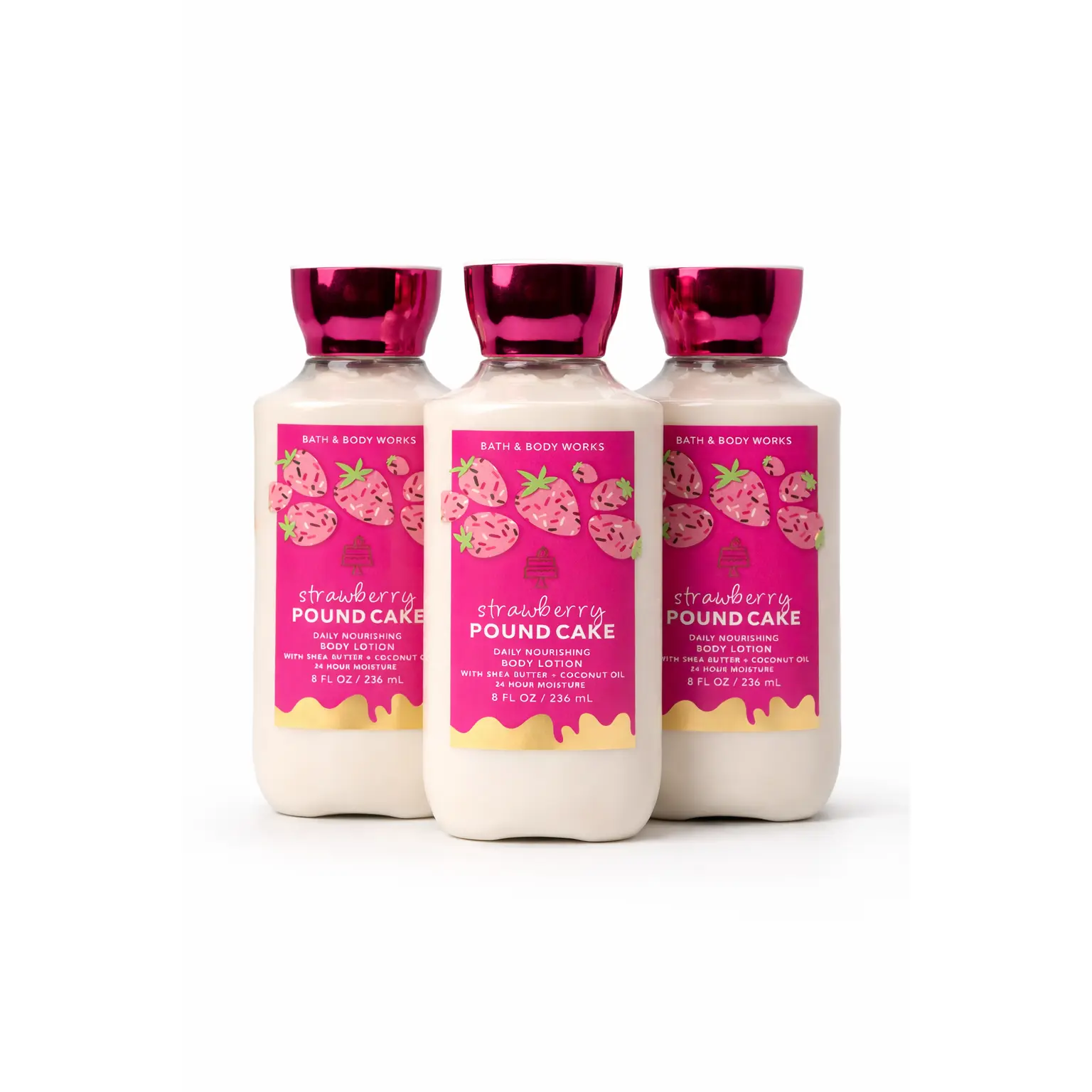 STRAWBERRY POUND CAKE Bath & Body Works Body Lotion 3-Pack – 8 oz Each