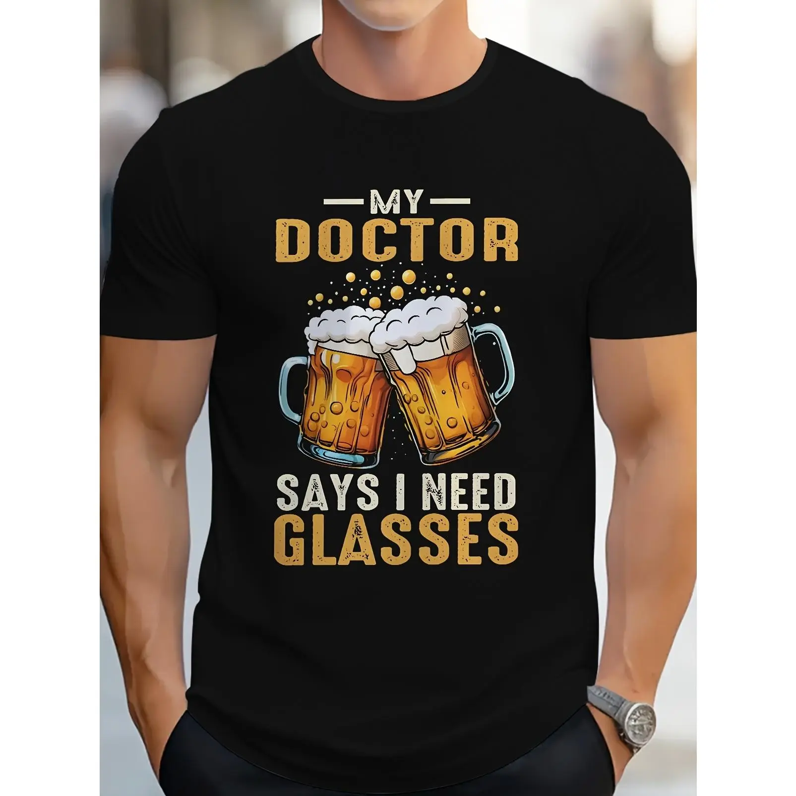 [Funny Beer T-Shirt] Men's Funny Beer & Doctor Slogan T-Shirt - "My Doctor Says I Need Glasses" Print with Beer Mugs, Casual Round Neck Tee for Parties, Barbecues & Casual Attire - Humorous Gift for Beer Lovers & Humor Fans