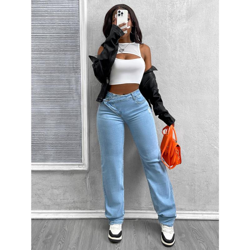 Light Wash High Waisted Asymmetrical Button Wide Leg Jeans for Women - Retro Denim Pants with Y2K Style Light Wash High Waisted Asymmetrical Button Wide Leg Jeans for Women - Retro Denim Pants with Y2K Style