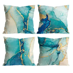 Teal Blue Gold Marble Throw Pillow Covers Set of 4 | Soft Velvet Turquoise Agate Cushion Cases for Living Room, Bedroom, Sofa Home Decor 0525Y6