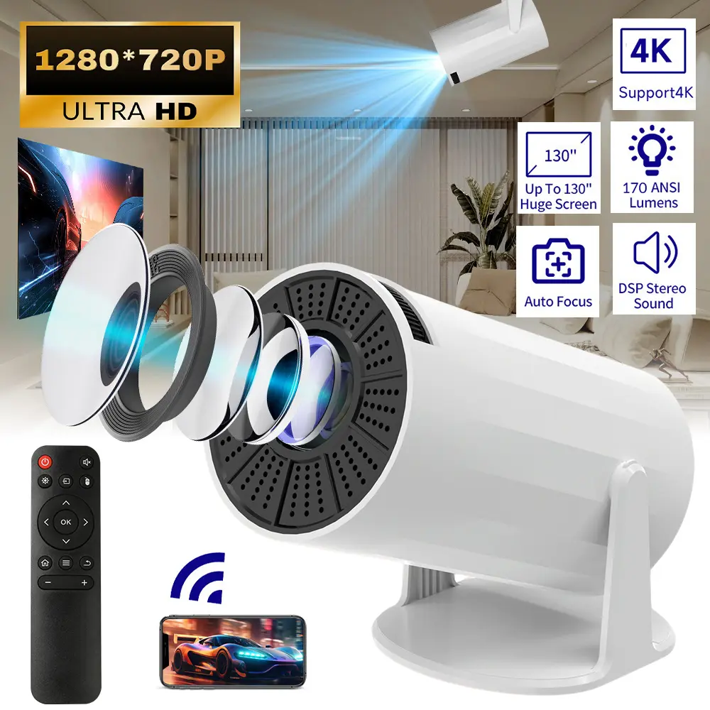 Portable Smart Projector with WiFi 6, Bluetooth 5.4, 180° Rotatable Design, 1280x720P Native Resolution, 4K Support, Auto Focus, Auto Keystone, 170 ANSI Lumens, Built-in Android 11, 130" Screen for Home Theater, Outdoor Movies Compatible with Phone/PC/PS5