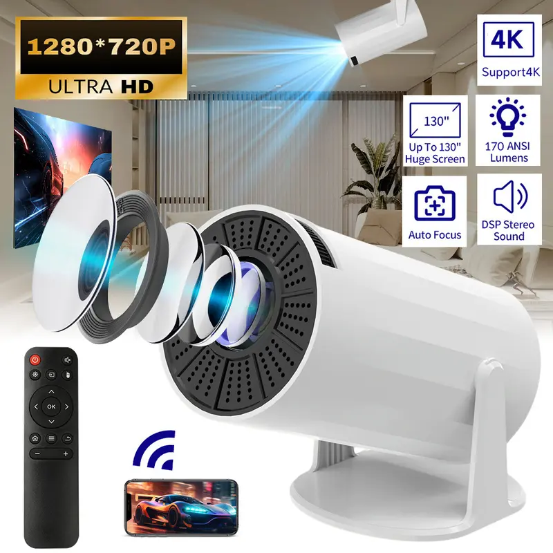 【Back To School Gift】Portable Smart Home Cinema Projector with WiFi 6+BT5.4, 170 ANSI Bright, Native 720P Resolution, 4K Support, Auto Focus, Auto Keystone, Rotating Base (180° Rotatable), Built-in Android 11, 130" Screen for Home Theater, Outdoor Movies