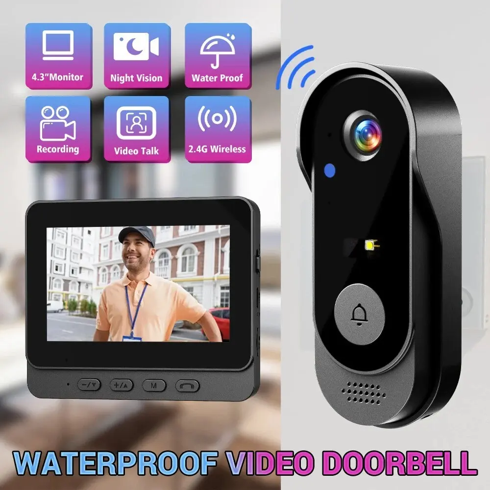 Wireless Video Doorbell with 4.3 Inch Color Screen, Night Vision, Waterproof Design, Long Battery Life, Supports Video Call & Two-Way Audio