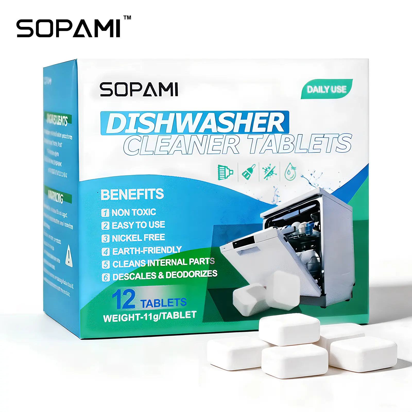 SOPAMI Dishwasher Cleaner Tablets 12 count non toxic nickel free earth friendly formula cleans internal parts descales and deodorizes removes limescale buildup eliminates odors easy to use for regular kitchen dishwasher maintenance