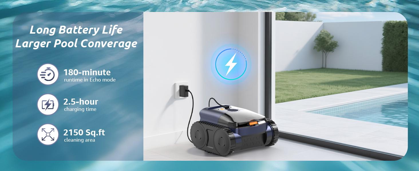 Cordless Robotic Pool Cleaner, Robotic Pool Vacuum for Inground Pools, Floor, Wall, Waterline and Drain Cleaning, 180 min Battery Life for Pool Up to 2150 Sq.ft