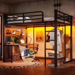 Full Size Loft Bed with Storage Shelves and Desk, Heavy-Duty Metal Loft Bed Frame with USB Ports, Lights, and Hanging Rod, Cave Board Design, Black