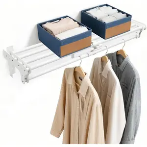 Steel Closet Shelf with Hanging Rod, Back Wall & Side Wall Mounted, 40-73'' Expandable White Closet Shelves, Heavy Duty Storage Rack Holds 220 lbs, Adjustable DIY Closet Rod Divider Separator