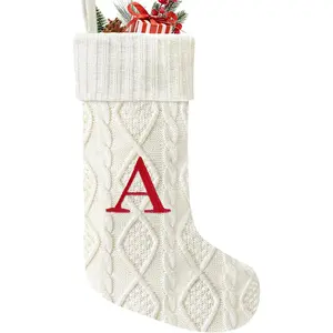21 Inches Knitted Christmas Stockings with Initials, Large White Custom Monogram Embroidery Christmas Stockings with Letter, Personalized Xmas Decoration for Holiday Family Party-A