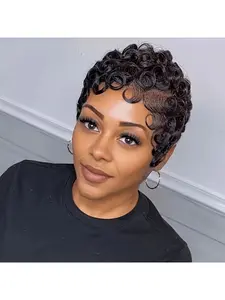Black Short Wavy Curly Pixie Cut Human Hair Wig, 6 Inch 180% Density Voluminous Hair Patch, Adhesive Free Stylish Wig for Daily Wear & Cosplay
