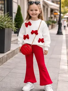 Charming Chic Kids White Ribbed Sweater with Unique 3D Red Bows & Eye-catching Red Flared Trousers Outfit for Holiday Photo Shoots Special Occasions Stylish Fall/Winter Wardrobe Comfy Cute Toddler Girl Fashion Statement