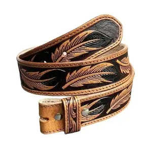 Handmade Men's Women's Western Belt Genuine Full Grain Leather Heavy Duty Without Buckle Embossed Belt Cowboy Strap Screw-On Belt Strap