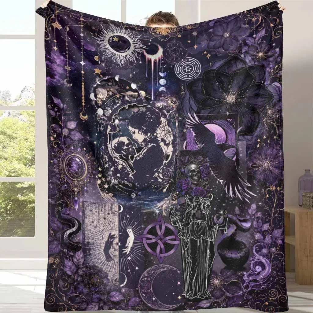 Mystical Celestial Flannel Blanket Gothic Witchy Moon Raven Floral Print Super Soft Plush Lightweight Warmth Perfect For Cozy Bedroom Bedding Halloween Living Room Decor Unique Spiritual Meditation Gift Accessory
