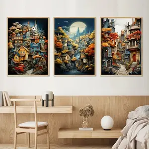 3 pieces/set, modern abstract cartoon house, summer, scenery, moon, poster, canvas oil painting, mural home decoration, frameless