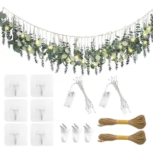 1 Pcs Fall Artificial Eucalyptus with LED String Lights Farmhouse Decor Wall Hanging Boho Decor for Fall Office Home Kitchen Bathroom Bedroom Wall(Green)