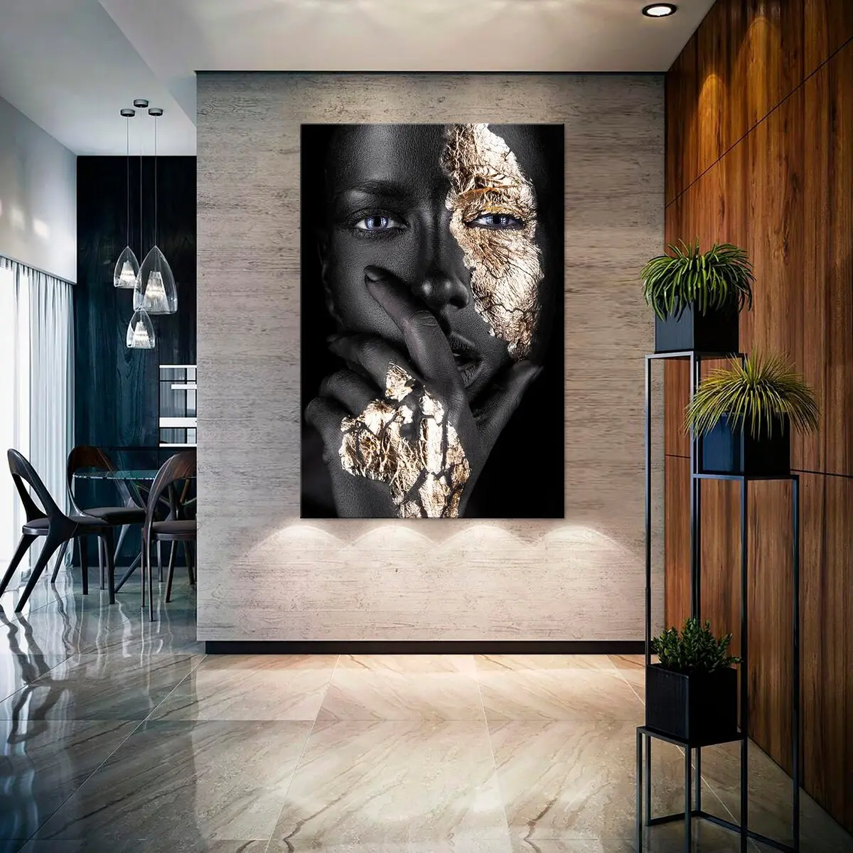 Black girl with golden makeup Fashion ,art African print Black and gold face African American art Black Women Modern