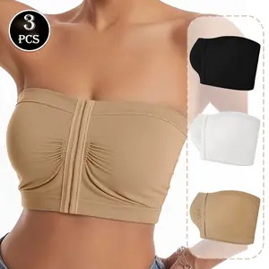 Strapless bra, front-closure style, semi-high strap design, seamless and comfortable bustier bra, wireless bustier bra suitable for women with large busts Breathable Nylon strapless bra