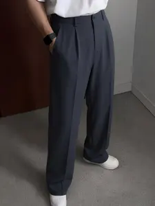 Men's High-Waisted Wide-Leg Formal Suit Pants, Summer Ice Blue Silk Flowy Straight Leg Pants, Business Casual Wear for Men