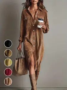 Women's Fashion Casual Loose Corduroy Dress with Dual Chest Pockets, Single Button Long Sleeve Mid-Length Skirt, Comfortable Daily Wear
