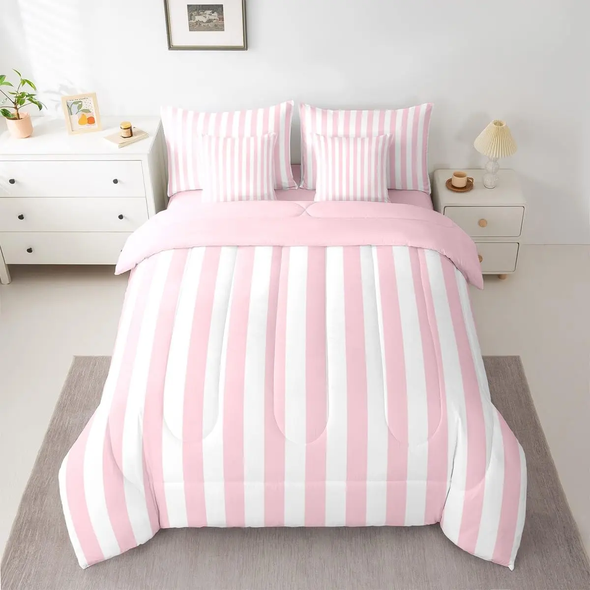Pink White Bed in a Bag with Comforter,Sheets,Pillowcases & Cushion Cover Stripes 7 Piece Bedding Set Boys Girls Decor Geometric Comforter Set with Sheets Abstract Modern Art Bedroom Decor