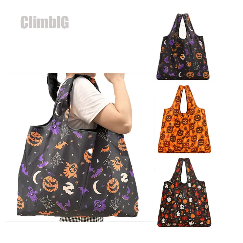 Large Capacity Halloween Tote Bag, Foldable Reusable Grocery Shopping Bag, Pumpkin Ghost Bat Print Shoulder Bag, Lightweight Eco-Friendly Reusable Shopping Tote, Aesthetic Halloween Carry Bag for Grocery, Travel, Beach, Daily Use & Trick or Treat,Outdoor