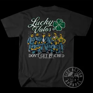 Side Action Apparel Lucky Vatos 2.0 T-Shirt - Casual Fitted Short Sleeve Crew Neck Summer Medium Length 100% Ringspun Cotton Menswear