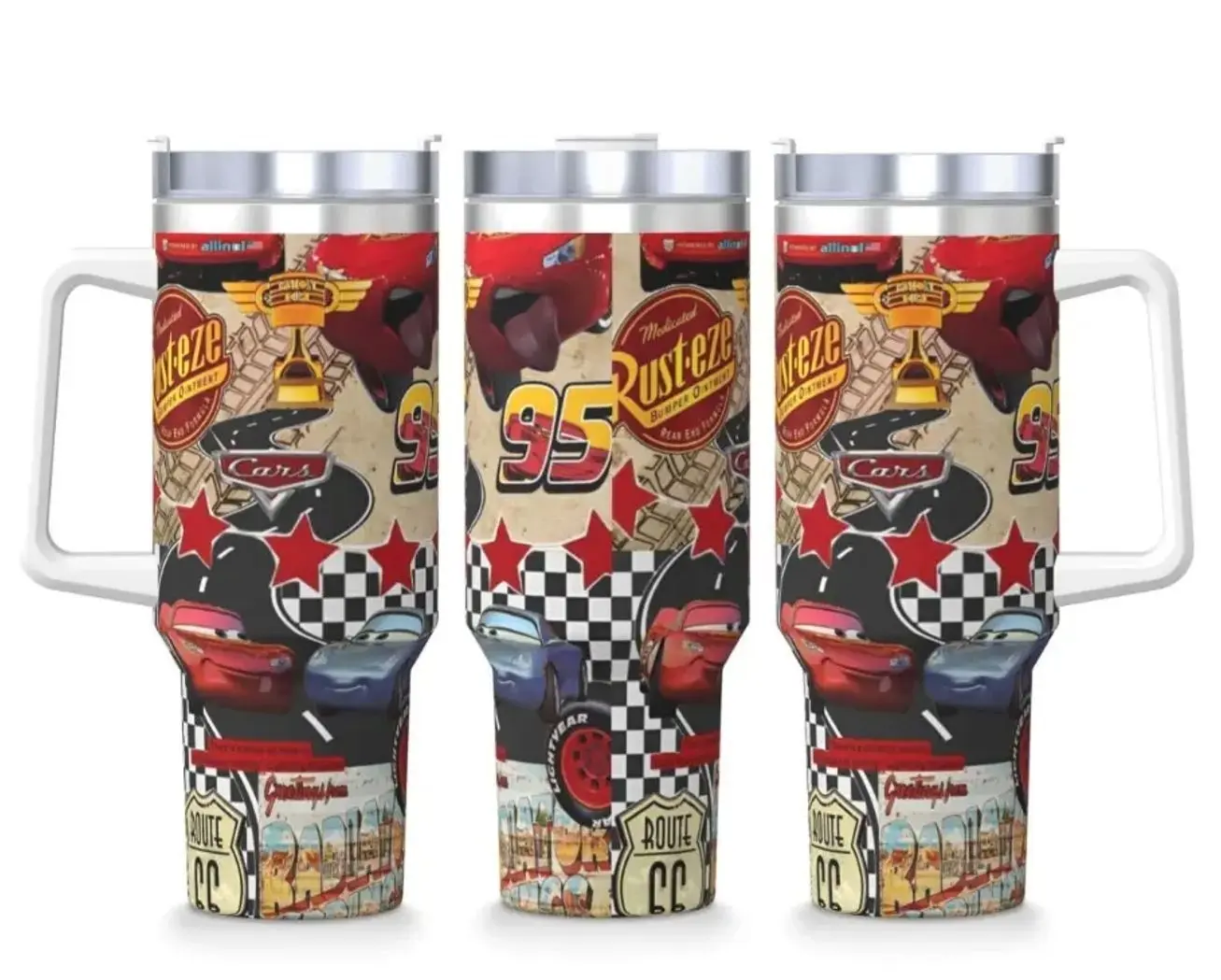 [Gift Box & Straw] Red Cartoon Race Car 40oz Stainless Steel Tumbler with Handle, Double Wall Vacuum Insulated Travel Mug, Checkered Flag Racing Cup, Fits Car Cup Holder, Cute Racing Fan Gift