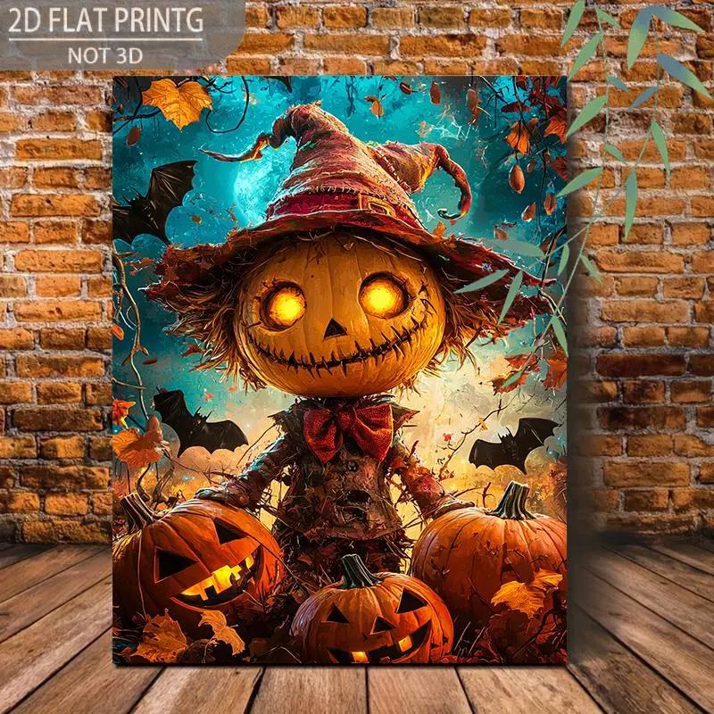 2D Flat, 1pc Wooden Framed Canvas Wall Art - Halloween Scarecrow with Glowing Jack-O'-Lanterns, Bats & Autumn Leaves - Rustic Farmhouse Style Spooky Season Decor, Ready-to-Hang Painting for Bedroom, Living Room, Kitchen - Vibrant Fall Colors	