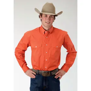 Mens Orange Solid Long Sleeve Western Button Shirt